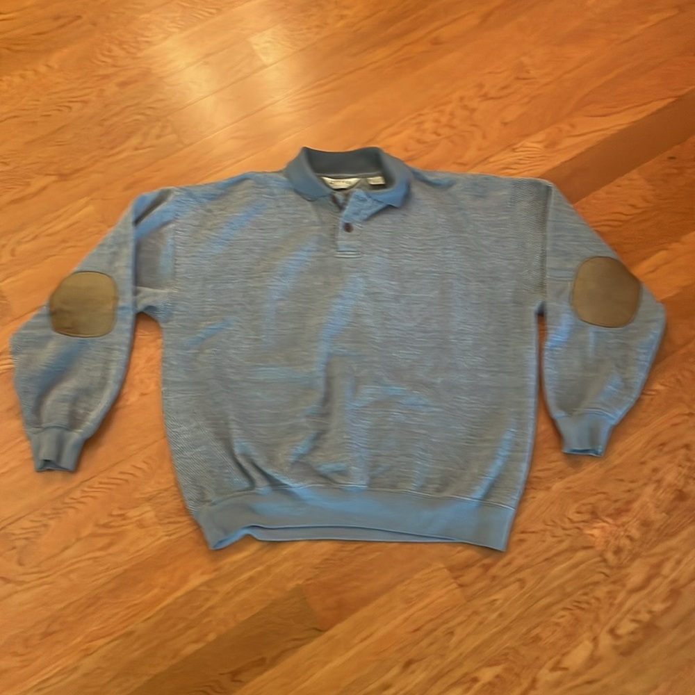 Orvis‎ size L sweater. Blue with suede elbow patches.